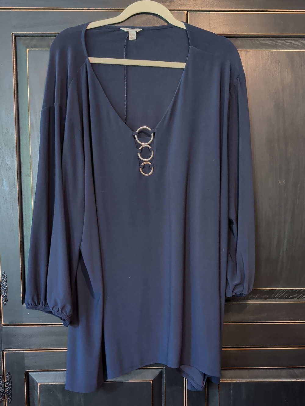 Women's Navy Long Sleeve V-Neck Dress with Decorative Ring Detail